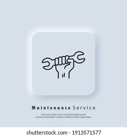 Maintenance services icon. Professional Handy Logo services. Hand holding wrench. Vector. UI icon. Neumorphic UI UX white user interface web button. Neumorphism