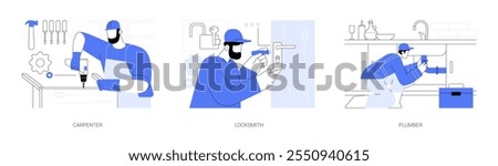Maintenance services isolated cartoon vector illustrations set. Carpenter assembling furniture, indoor repair, locksmith fixes the door lock, plumber working on water pipe and drain vector cartoon.