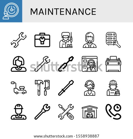 maintenance simple icons set. Contains such icons as Support services, Wrench, Toolbox, Worker, Technician, Maintenance, Screwdriver, Service, can be used for web, mobile and logo