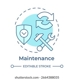 Icono de concepto azul suave de mantenimiento. Ingeniería de software, seguridad. Reparación, tecnología. Ilustración de línea de forma redonda. Abstractas idea. Diseño gráfico. Fácil de usar en infografía, presentación