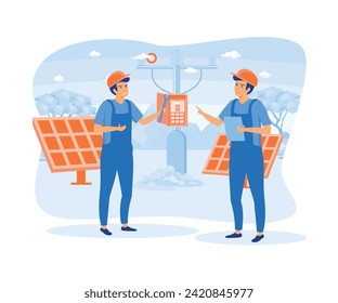 Maintenance of Solar Power Installations, Panels or Wind Turbines with the Home Service Team for Electrical Network Operations. flat vector modern illustration