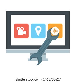maintenance support technology web construction computer screen view cartoon vector illustration graphic design