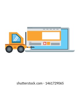 maintenance support technology web construction in laptop computer system hardware cartoon vector illustration graphic design