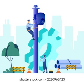 Maintenance of surveillance cameras by cctv technicians mounted on poles. Video surveillance, public security, vector illustration. cctv repair illustration concept