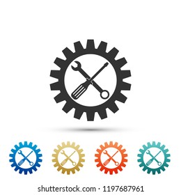 Maintenance symbol - screwdriver, spanner and cogwheel icon isolated on white background. Service tool symbol. Setting icon. Set elements in colored icons. Flat design. Vector Illustration