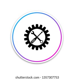 Maintenance symbol - screwdriver, spanner and cogwheel icon isolated on white background. Service tool symbol. Setting icon. Circle white button. Vector Illustration