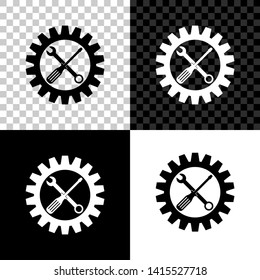 Maintenance symbol - screwdriver, spanner and cogwheel icon isolated on black, white and transparent background. Service tool symbol. Setting icon. Vector Illustration