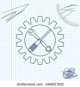 Maintenance symbol - screwdriver, spanner and cogwheel line sketch icon isolated on white background. Service tool symbol. Setting icon. Vector Illustration