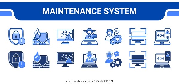 Maintenance System Icon Collection, featuring Maintenance, Server Mntenance, System Optimization, Bug Issue, Scan, Troubleshoot, System Audit.