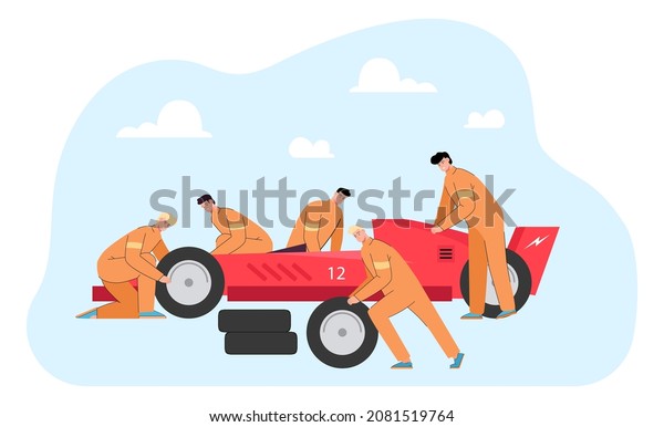 Maintenance team changing wheels of racing car on\
pit stop. Mechanics in uniform repairing auto flat vector\
illustration. Repair service, sports concept for banner, website\
design or landing web\
page
