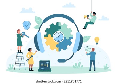 Maintenance and technical support service for customers vector illustration. Cartoon tiny people with key and tools work near big headphones with gear puzzle and clock inside, workers repair system
