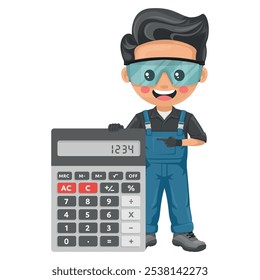 Técnico de manutenção com uma calculadora para análise financeira, contabilidade e cálculo de orçamento. Handyman focado em tarefas de manutenção, reparos em ambientes industriais e domésticos