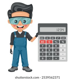 Técnico de manutenção com uma calculadora para análise financeira, contabilidade e cálculo de orçamento. Handyman focado em tarefas de manutenção, reparos em ambientes industriais e domésticos