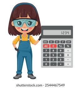 Técnico de manutenção com uma calculadora para análise financeira, contabilidade e cálculo de orçamento. Mulher prestativa focada em tarefas de manutenção, reparos em ambientes industriais e domésticos