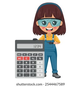 Técnico de manutenção com uma calculadora para análise financeira, contabilidade e cálculo de orçamento. Mulher prestativa focada em tarefas de manutenção, reparos em ambientes industriais e domésticos