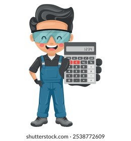 Técnico de manutenção com uma calculadora disponível para análise financeira, contabilidade e cálculo de orçamento. Handyman focado em tarefas de manutenção, reparos em ambientes industriais e domésticos