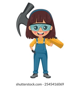 Maintenance technician carrying a giant hammer. Handy woman with personal protective equipment focused on maintenance tasks, repairs in industrial and domestic environments