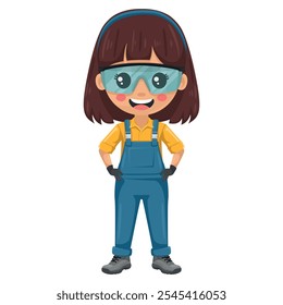 Maintenance technician. Handy woman with personal protective equipment, safety glasses, blue overalls and gloves, focused on maintenance tasks, repairs in industrial and domestic environments