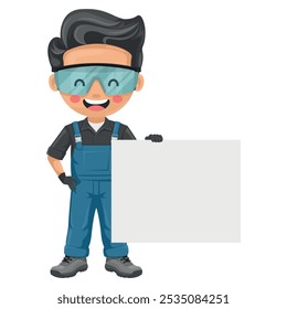 Técnico de manutenção. Handyman segurando um banner com espaço para texto para publicidade, apresentações, brochuras, focado em tarefas de manutenção, reparos em ambientes industriais e domésticos