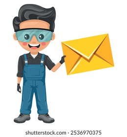 Técnico de manutenção com envelope de carta para e-mail. Conceito de comunicação, notificação e contato. Handyman focado em tarefas de manutenção, reparos em ambientes industriais e domésticos