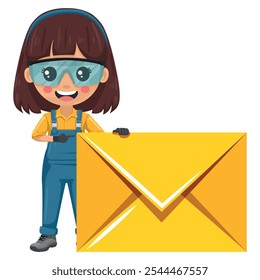 Técnico de manutenção com envelope de carta para e-mail. Conceito de comunicação, notificação e contato. Mulher prestativa focada em tarefas de manutenção, reparos em ambientes industriais e domésticos