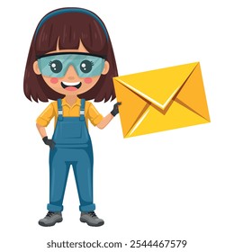 Técnico de manutenção com envelope de carta para e-mail. Conceito de comunicação, notificação e contato. Mulher prestativa focada em tarefas de manutenção, reparos em ambientes industriais e domésticos