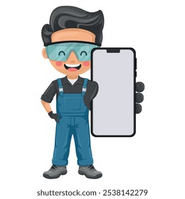 Técnico de manutenção com telefone celular. Conceito de comunicação, notificação e contato. Handyman focado em tarefas de manutenção, reparos em ambientes industriais e domésticos