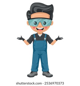 Maintenance technician with open hands. Handyman with personal protective equipment, safety glasses, overalls and gloves, focused on maintenance tasks, repairs in industrial and domestic environments