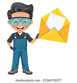 Técnico de manutenção com envelope de carta aberto para e-mail. Conceito de comunicação, notificação e contato. Handyman focado em tarefas de manutenção, reparos em ambientes industriais e domésticos