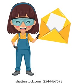 Técnico de manutenção com envelope de carta aberto para e-mail. Conceito de comunicação, notificação e contato. Mulher prestativa focada em manutenção, reparos em ambientes industriais e domésticos