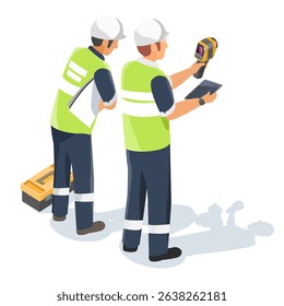 Maintenance technician using thermal scanner to inspect industrial equipment while another technician observes and prepares tools on white background
