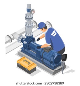 Maintenance technician working with Industrial Water Pumps Building Maintenance Service concept isometric isolated cartoon vector