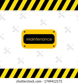 Placa de tablero de texto de mantenimiento con franja de advertencia negra y amarilla, destornillador y fondo de símbolo de llave. Aviso y advertencia técnico en construcción. Cartel de atención de alerta.