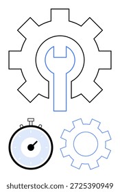 Manutenção, gestão do tempo, ferramentas de produtividade, reparação mecânica, eficiência, conceitos técnicos. Contorno de uma engrenagem com uma chave inglesa e um cronômetro. Conceitos de manutenção e gerenciamento de tempo