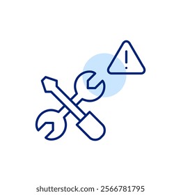 Maintenance tools and exclamation mark in triangle. Security setting warning, system malfunction alert. Wrench and screwdriver. Pixel perfect, editable stroke icon