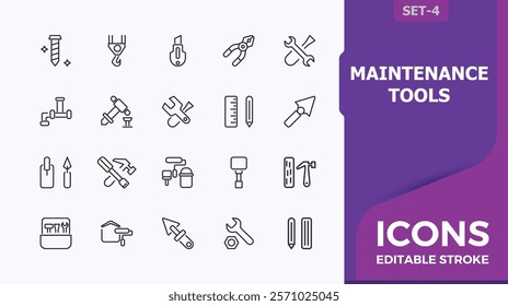 Maintenance Tools linear icon collection. Contains related to saw, build, work, paint, screw and more. Thin outline icons pack. Vector outline icons collection.