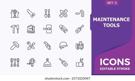 Maintenance Tools linear icon collection. Contains related to saw, build, work, paint, screw and more. Thin outline icons pack. Vector outline icons collection.