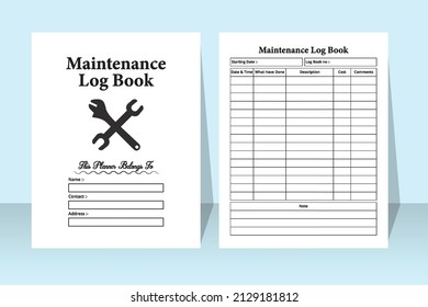 Maintenance tracker notebook. Maintenance checker and cost tracker logbook interior. Interior of a notebook. Office maintenance service tracker journal template.