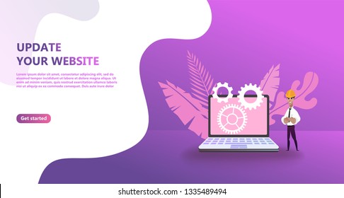 Maintenance update system upgrate concept. Characters design 
 people update operation system, use for landing page, template, flyer, mobile app, web, banner, poster. Computer upgrade maintenance. 
