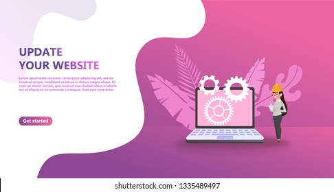 Maintenance update system upgrate concept. Characters design 
 people update operation system, use for landing page, template, flyer, mobile app, web, banner, poster. Computer upgrade maintenance. 