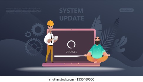 Maintenance update system upgrate concept. Characters design 
 people update operation system, use for landing page, template, flyer, mobile app, web, banner, poster. Computer upgrade maintenance. 