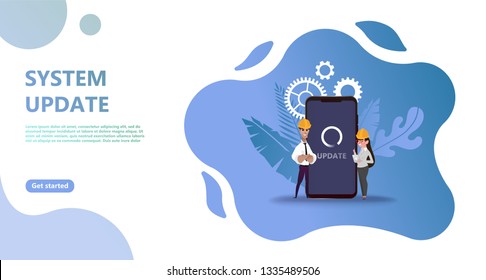 Maintenance update system upgrate concept. Characters design 
 people update operation system, use for landing page, template, flyer, mobile app, web, banner, poster. Computer upgrade maintenance. 