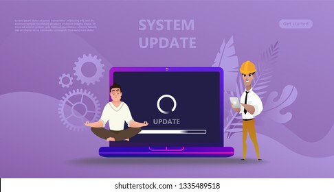 Aktualisierungskonzept für die Wartung des Systems. Zeichendesign 
 people update operation system, verwenden für landeseite, vorlage, flyer, mobile app, web, banner, poster. Wartung von Computer-Upgrades. 