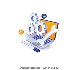 Aplicación web de actualización de mantenimiento plana e ilustración isométrica