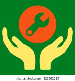 Maintenance vector icon. Style is bicolor flat symbol, orange and yellow colors, rounded angles, green background.
