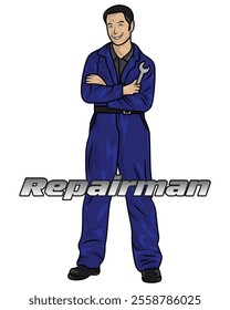 Maintenance worker in blue suit vector illustration