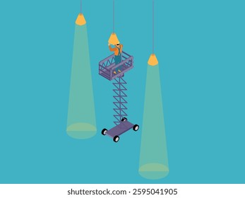 Maintenance Worker Changing Lightbulb on Scissor Lift 3d flat vector illustrations