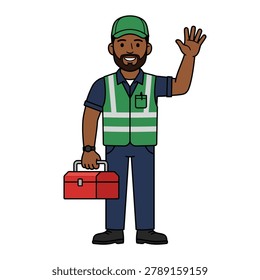 Maintenance worker waving while holding a red toolbox, wearing a green safety vest and cap. Conveying service, repair, professionalism and on site readiness. Flat vector illustration.