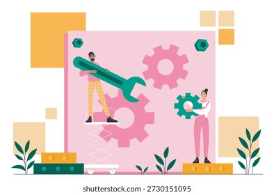 Conceito dos trabalhadores de manutenção. Homem com chave inglesa e mulher reparando engrenagens. Técnicos corrigindo bugs e erros. Solução de problemas e reparo. Ilustração vetorial plana