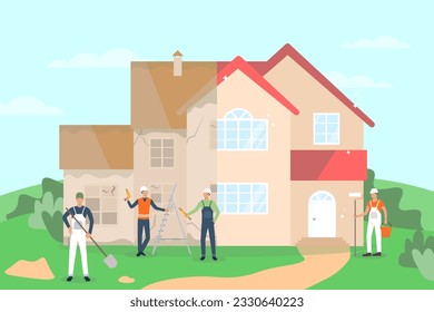 Maintenance workers repairing old house vector illustration. Cartoon drawing of men in uniforms repainting walls, fixing cracks, house repair service. Home maintenance, repair, renovation concept